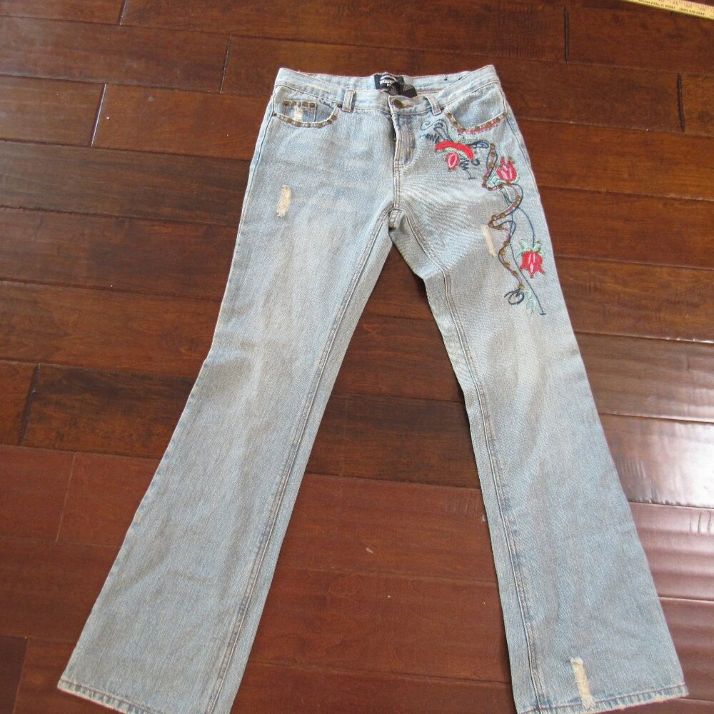 Squeeze Jeans Women Size 9 10 Blue Red Floral Embroidered Straight LegDistressed